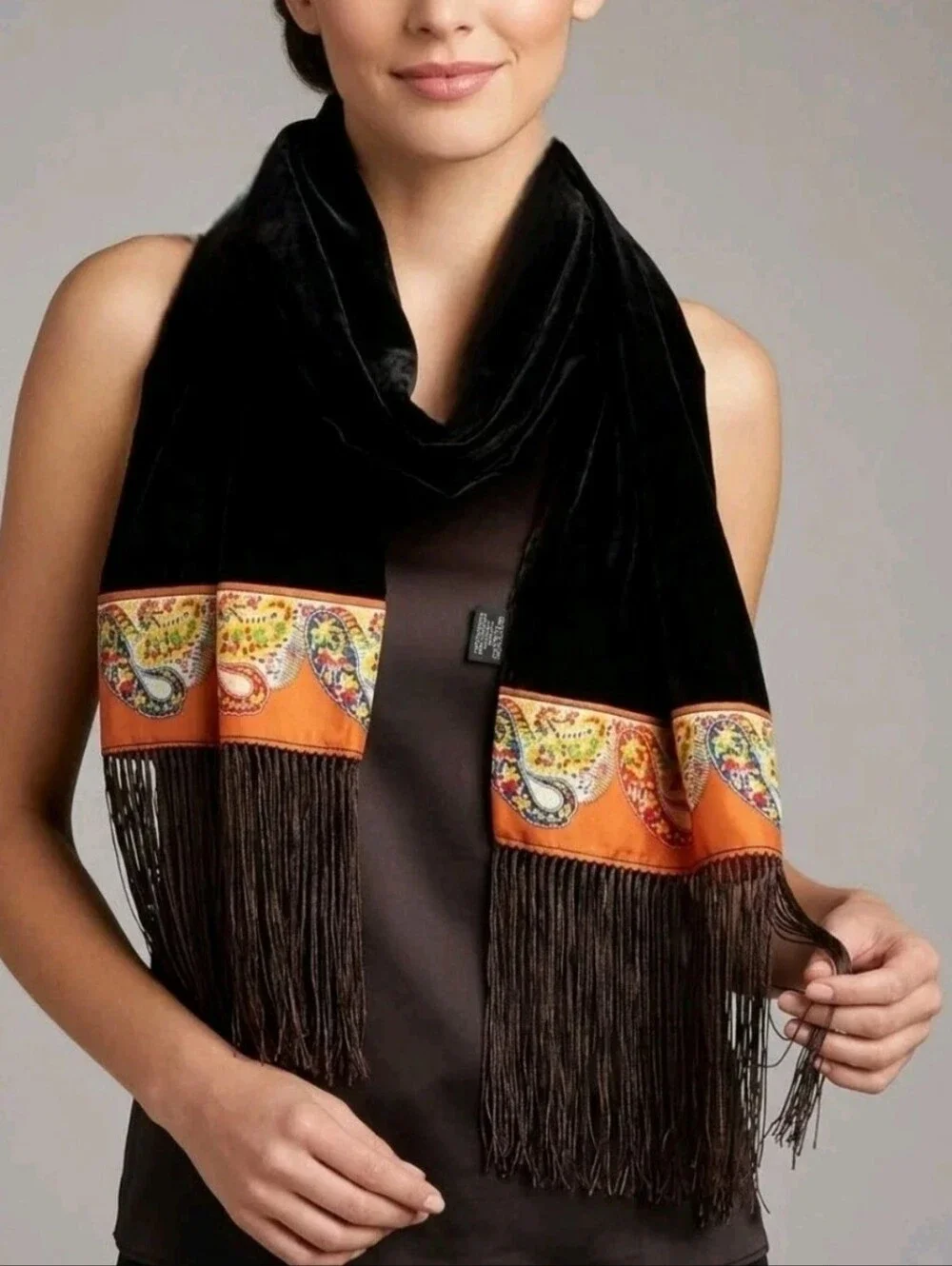 Vintage Kenneth Cole Velvet Silk Scarf Wrap Fringe Black Boho Hippie Paisley